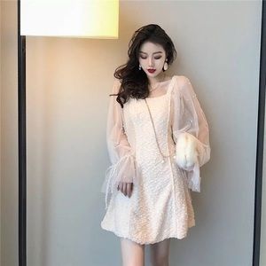 Vintage Beading Mesh Patchwork Korean Dress